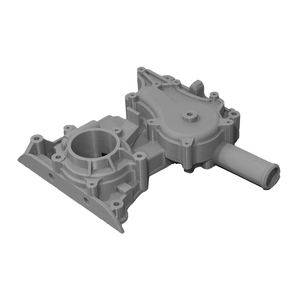 FDM 3D-printed grey pump housing with hose connector